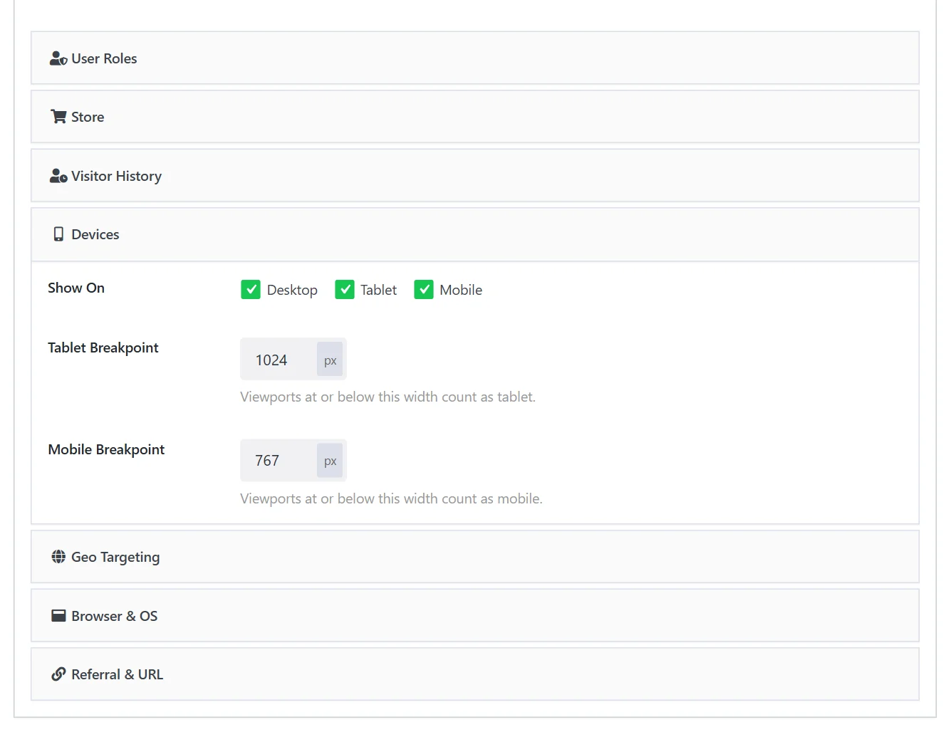 The targeting panels, with Devices open