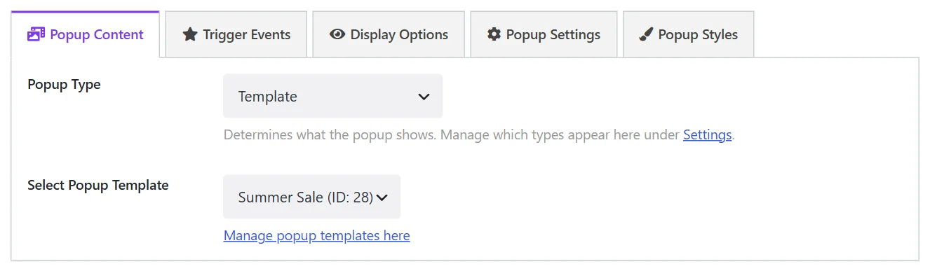 Choosing a template in the popup editor