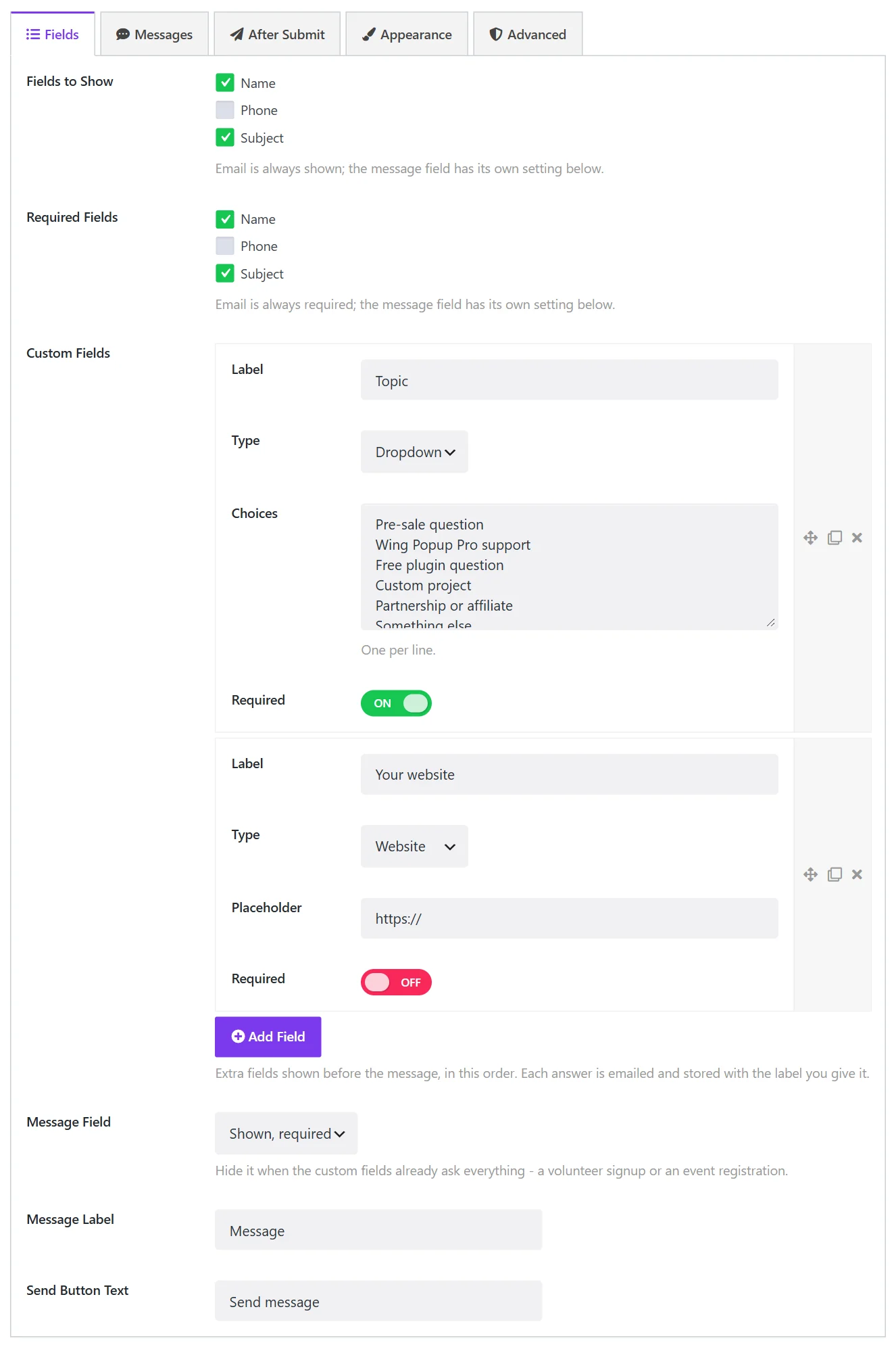 Custom fields on a contact form