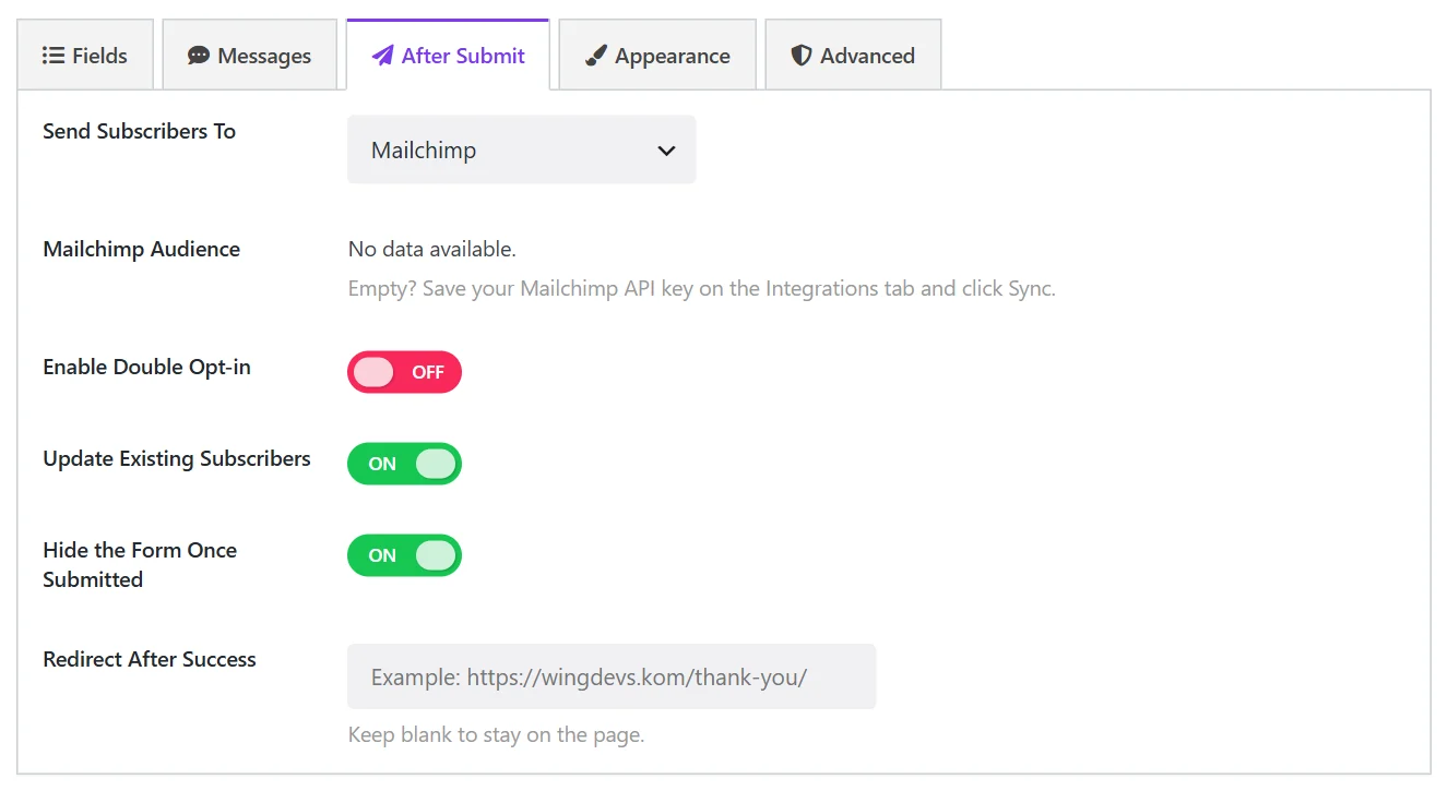 The After Submit tab of a subscribe form