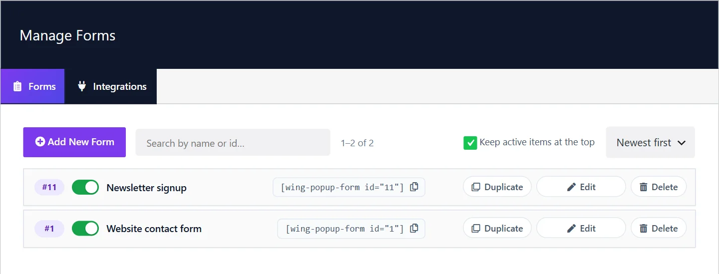 The Forms screen