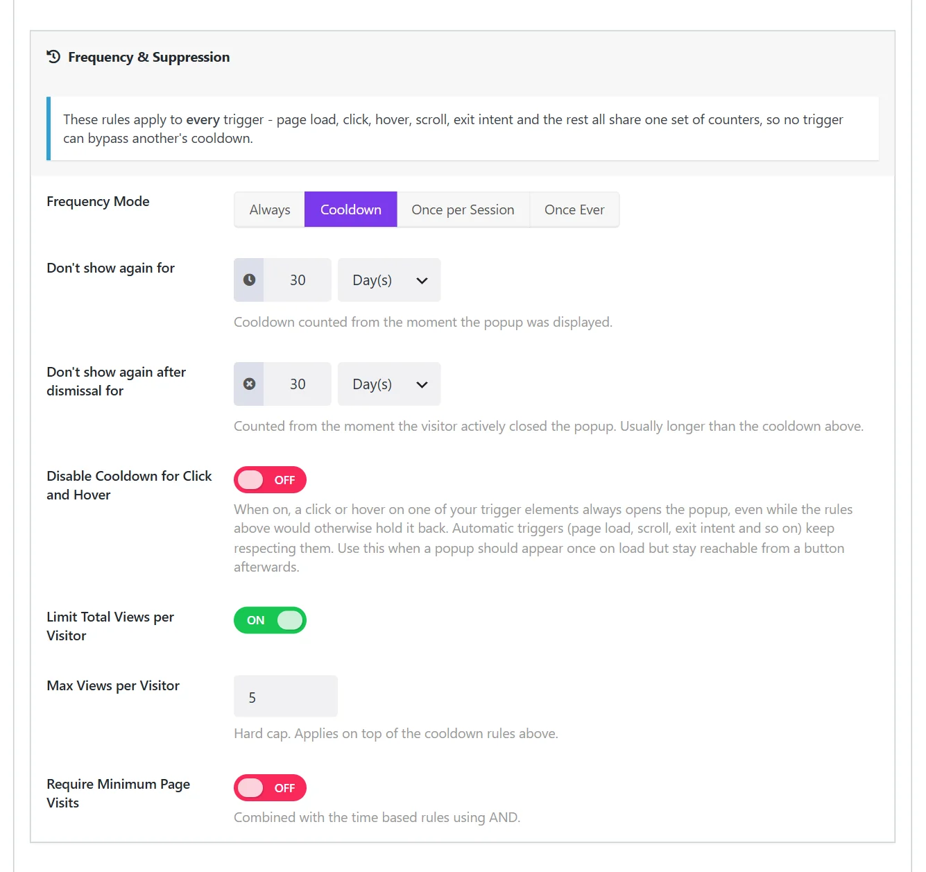 The Frequency & Suppression settings