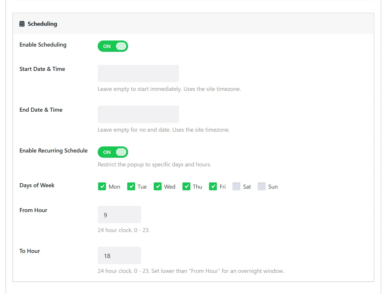 The scheduling settings
