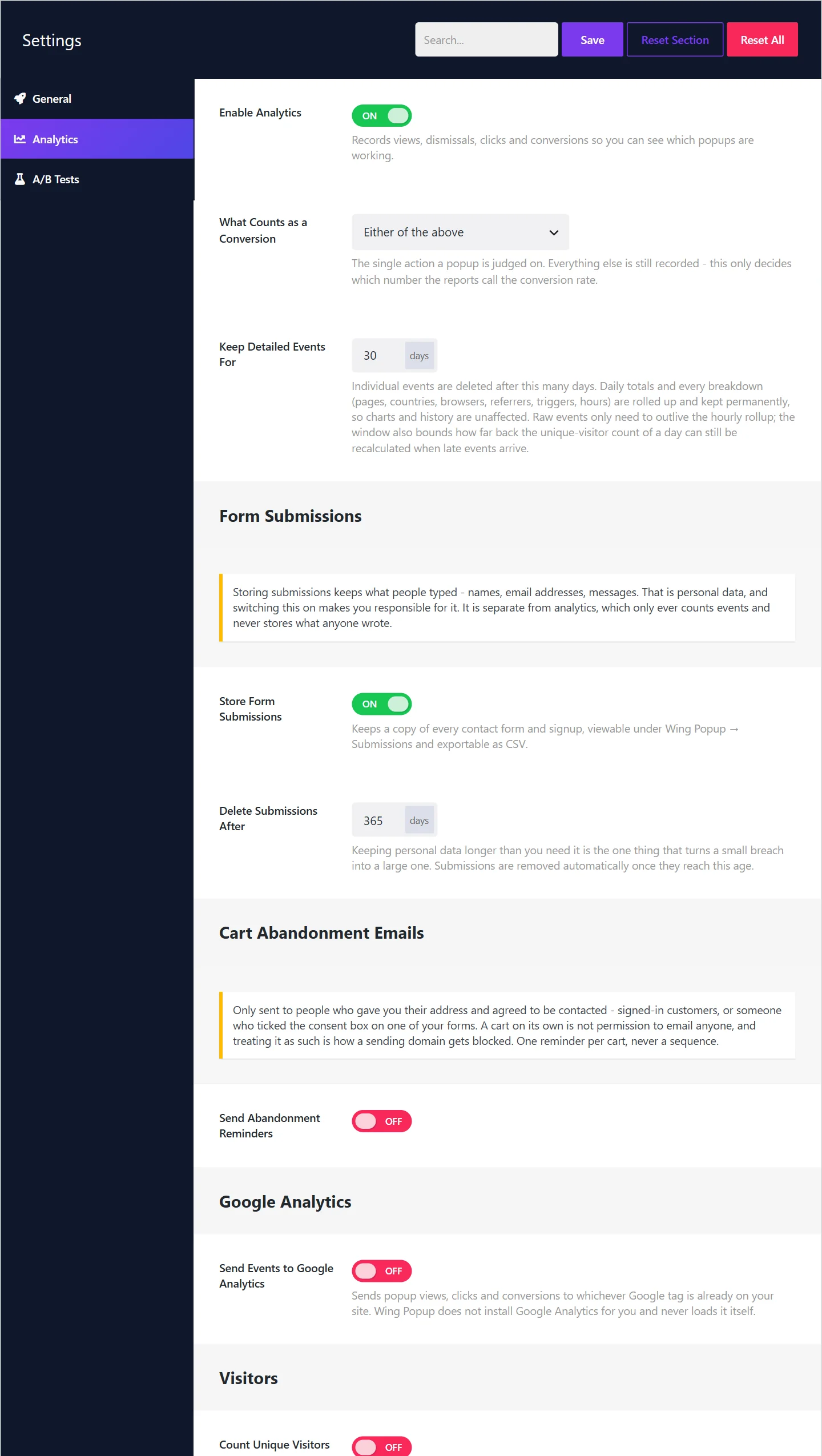 The Form Submissions settings