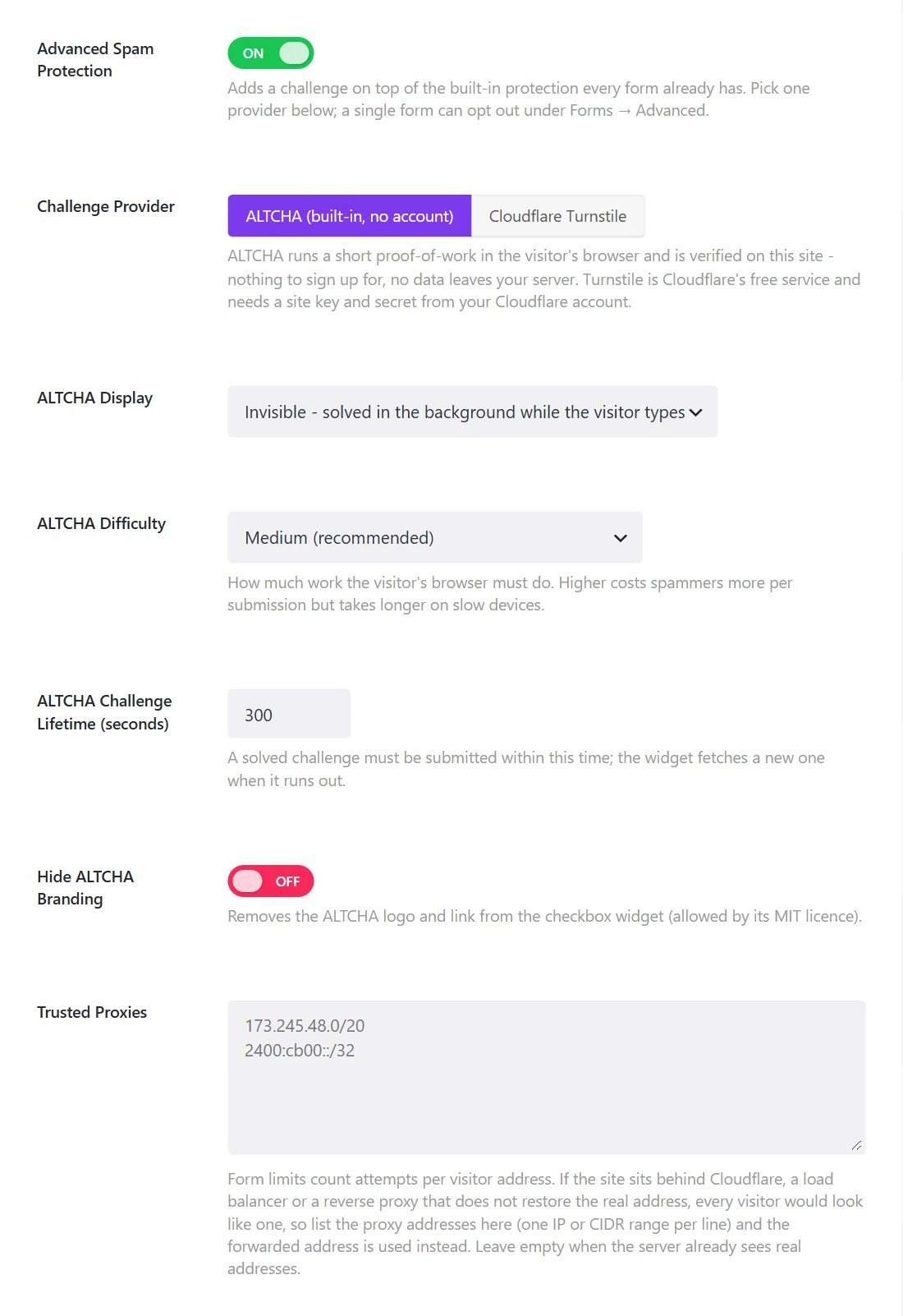 The Advanced Spam Protection settings