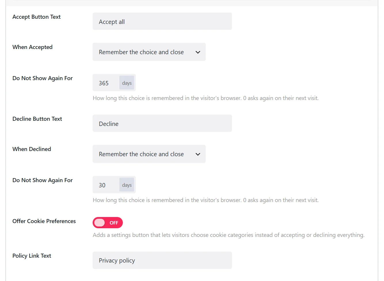 The cookie notice settings