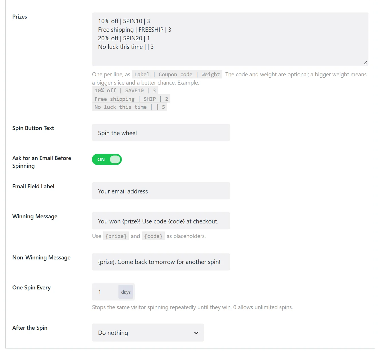 The Spin to Win settings