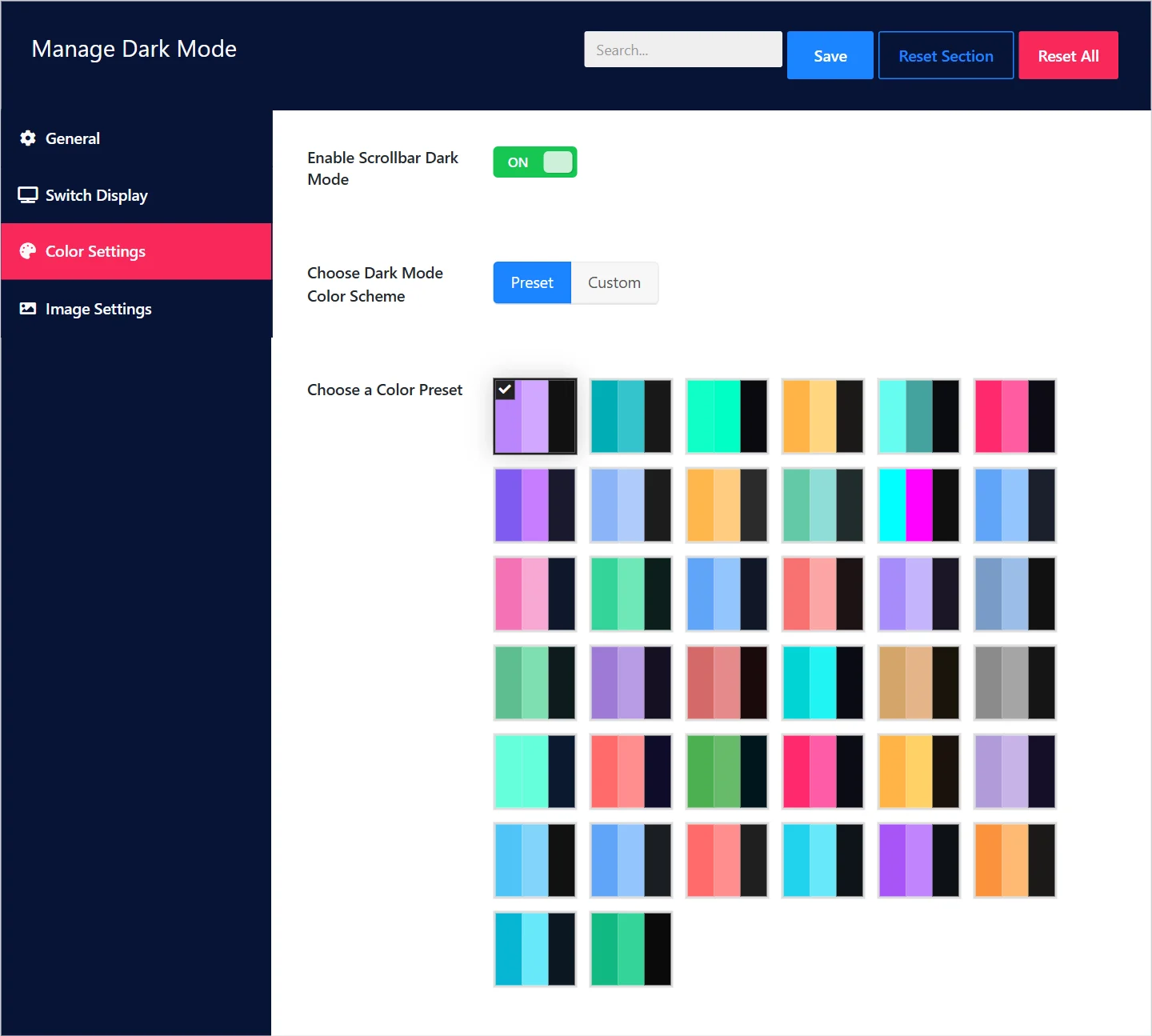 The Color Settings section with the presets