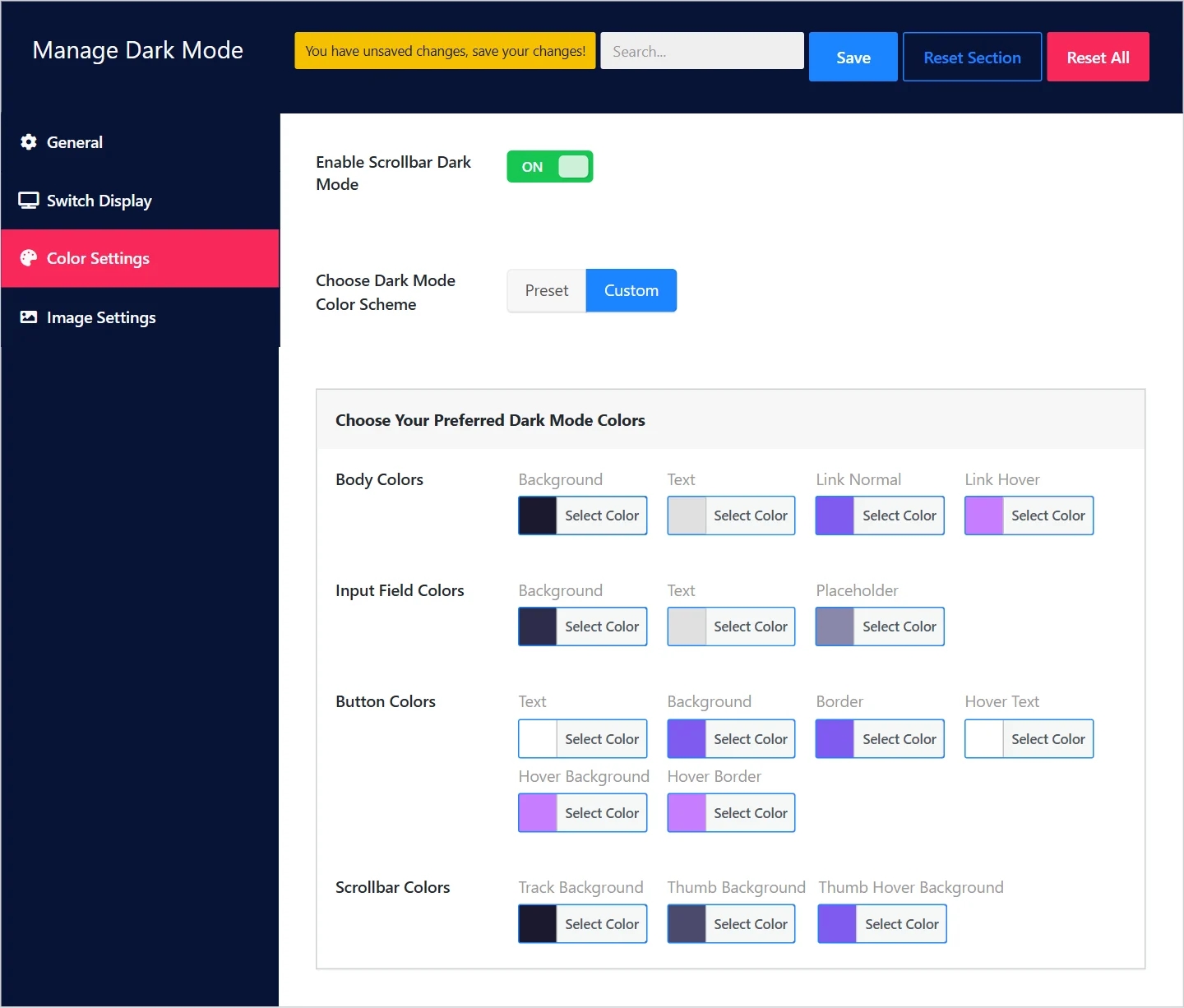 The custom colour groups