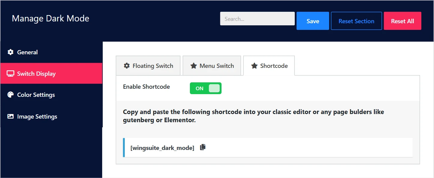 The Shortcode tab