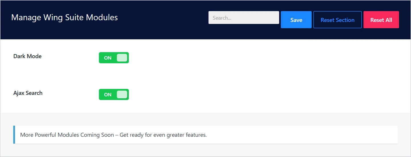 The WS Modules screen