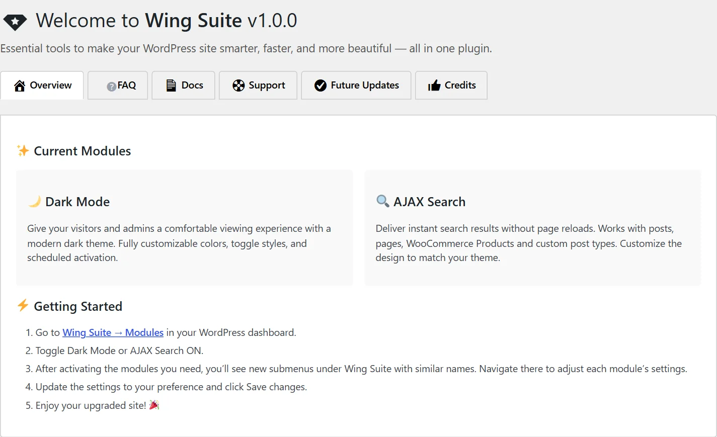 The Wing Suite welcome screen