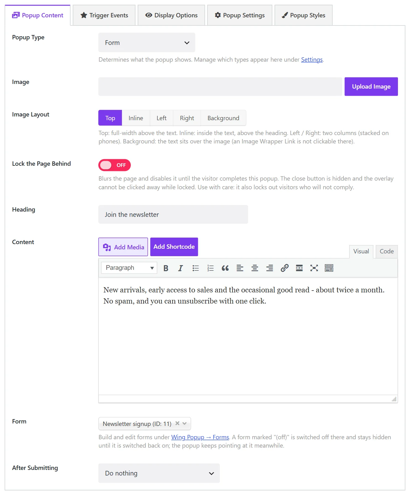 The Popup Content tab of a Form popup with the form selector and heading