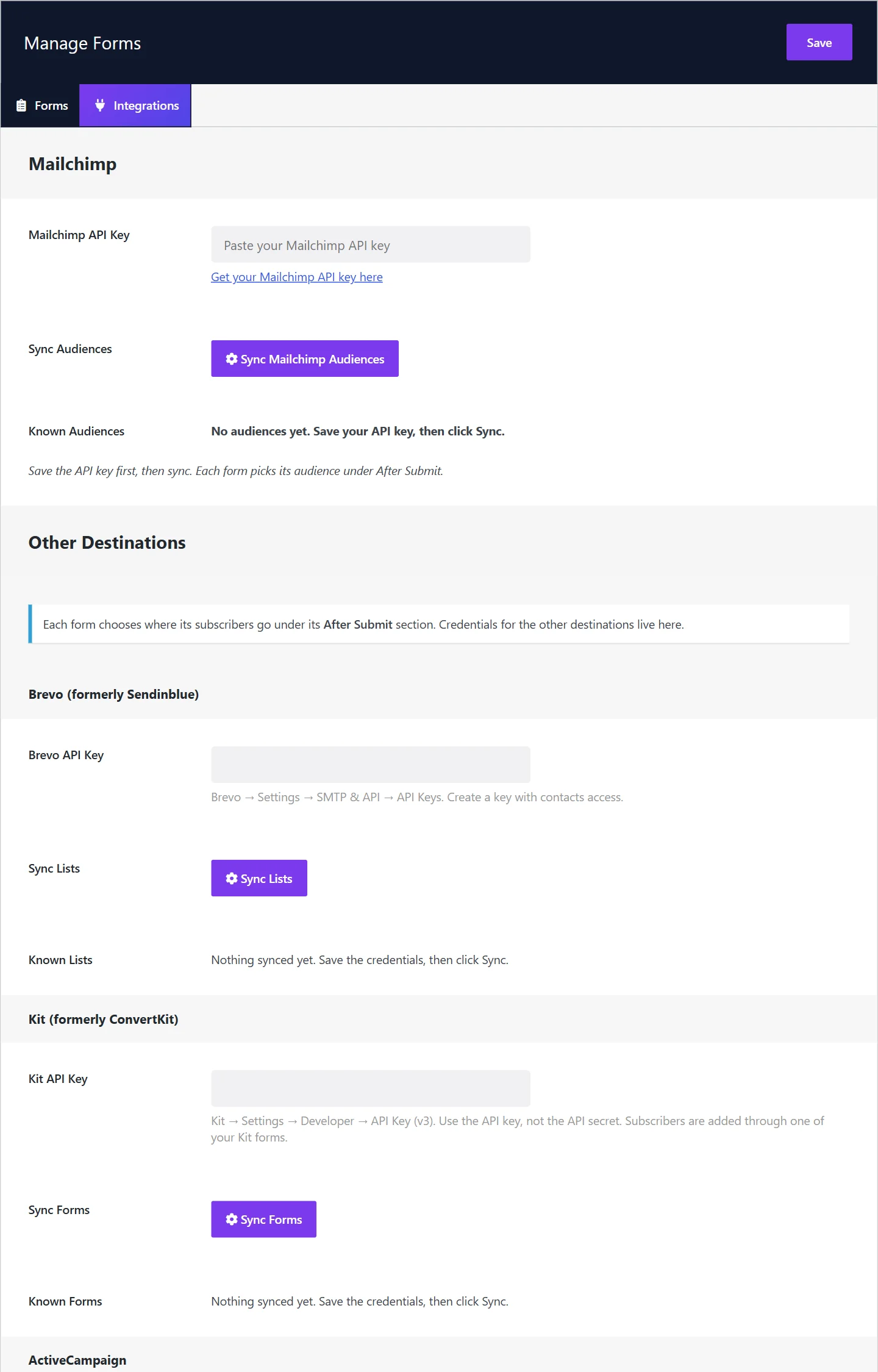 The Integrations section of Wing Popup with the Mailchimp API key field