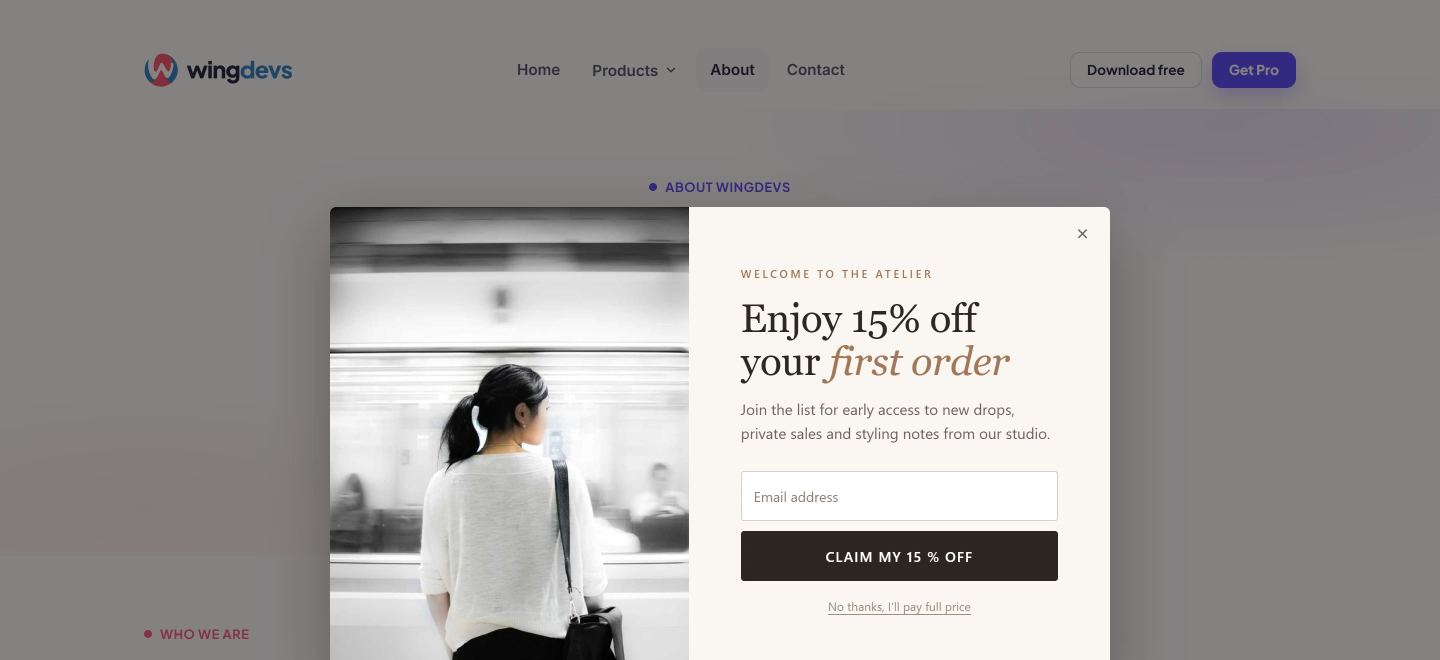 A finished Wing Popup newsletter popup on a live website