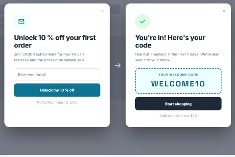A signup popup that reveals a discount code after subscribing