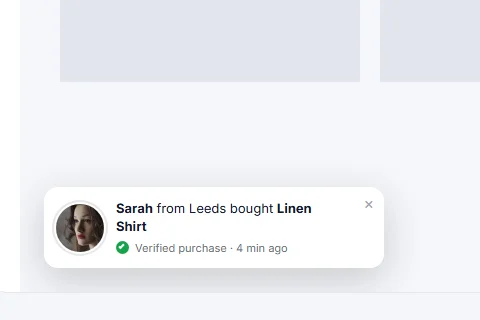 A small recent sales notification in the corner of a shop page