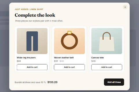 An upsell popup suggesting matching products after add to cart