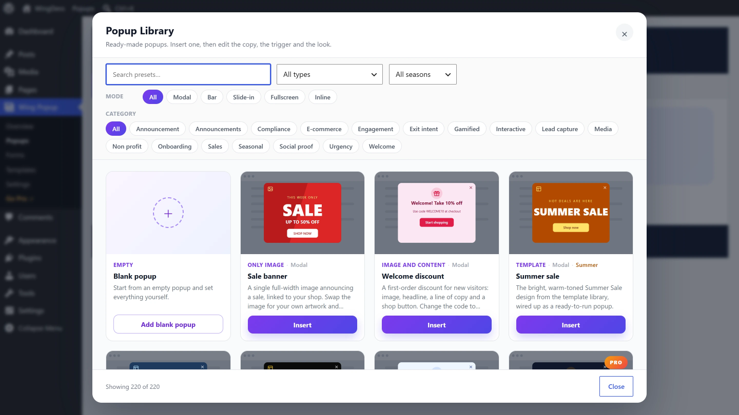 The Wing Popup Library with ready-made popups filtered by type, category and season