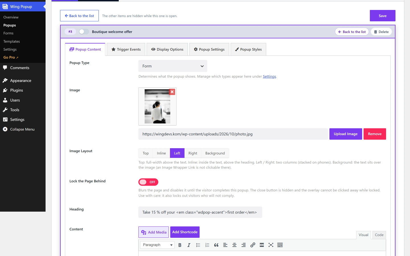 The Wing Popup editor showing the popup type, image layout, heading and content fields
