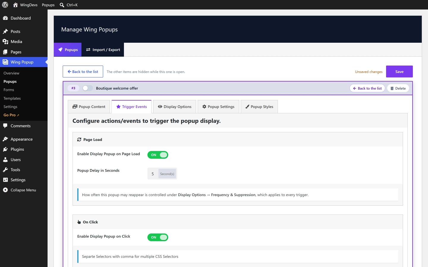 Wing Popup trigger settings: page load delay and click selectors