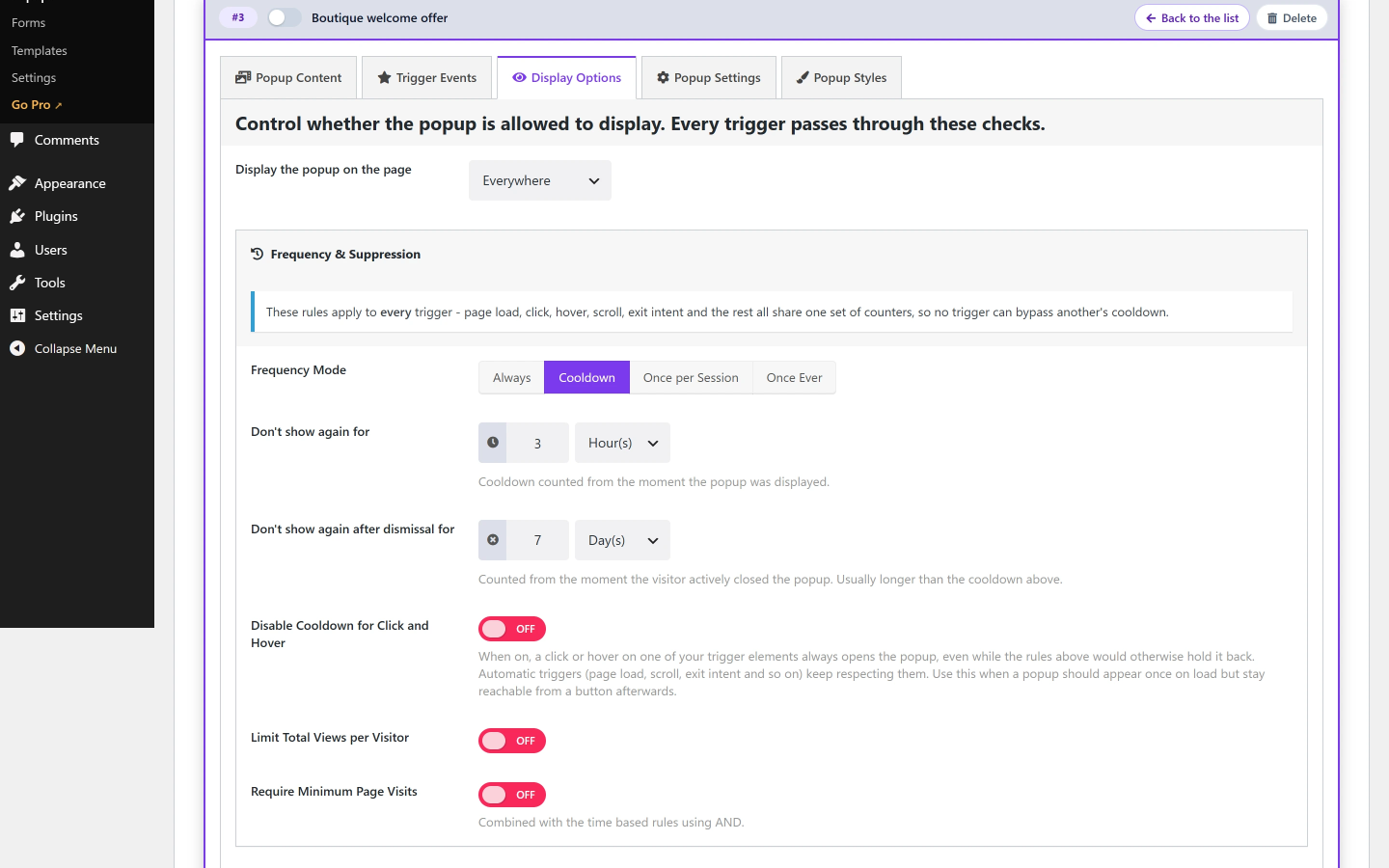 Wing Popup display options: page targeting and frequency rules